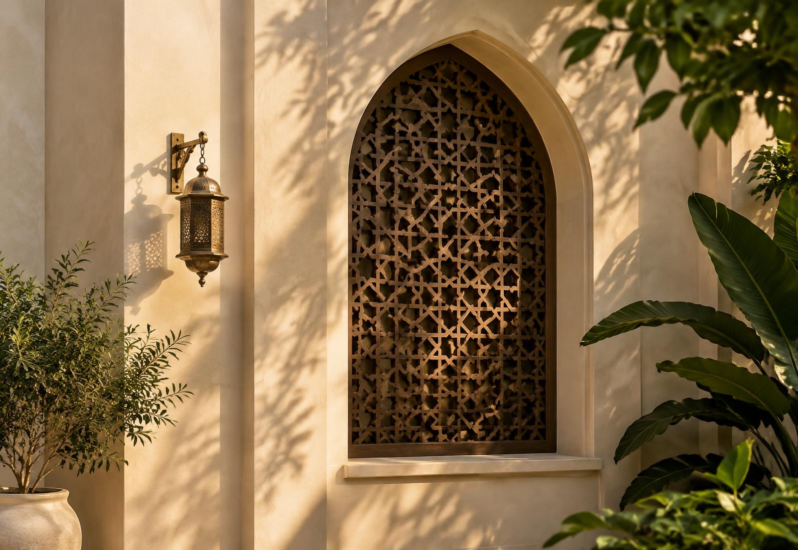 Decorative architectural detail: an arched window and carved wooden screen in warm afternoon light